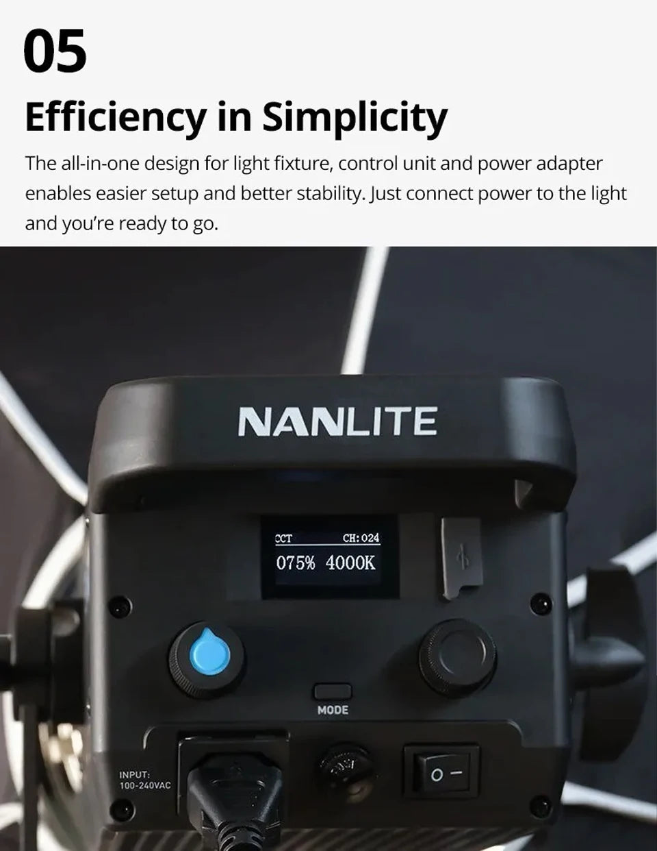 Black Nanlite studio light control panel with digital display, adjustment knobs, power switch, and cable input.