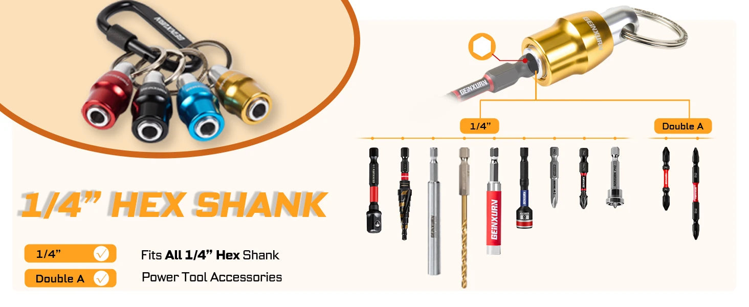 Geinxurn Keychain Bit Holders Set,1/4" Hex Shank Bit Holder, Premium Aluminum Construction,Compact Keyring Design for Easy Carry