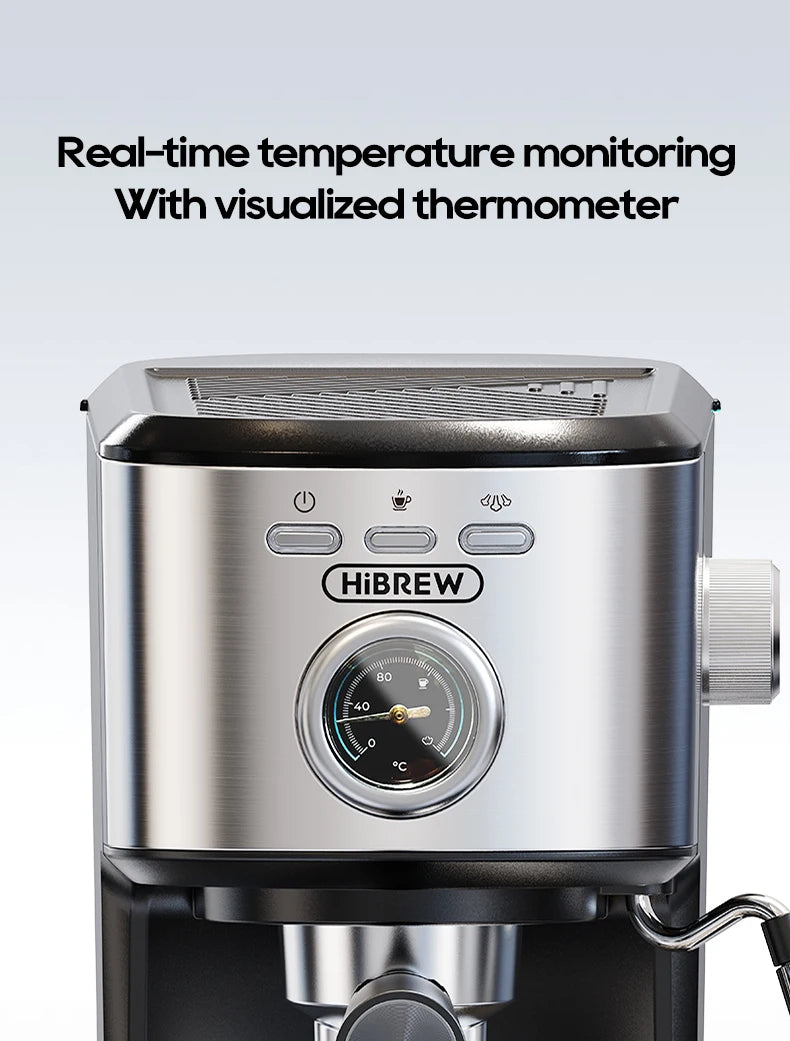 HiBREW stainless steel espresso machine with integrated analog temperature gauge and button control panel.