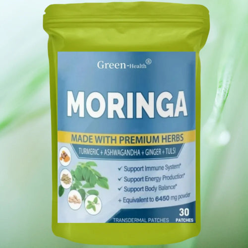 Green-Health Moringa and ashwagandha stress relief 30-patch supplement in lime green packaging.