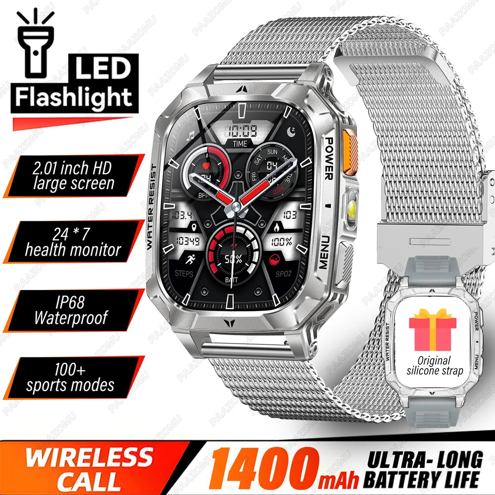 2026 New 1400mAh Big Battery Smart Watch Men Outdoor GPS Flashlight 10ATM Waterproof Bluetooth Call AMOLED HD Sports Smartwatch