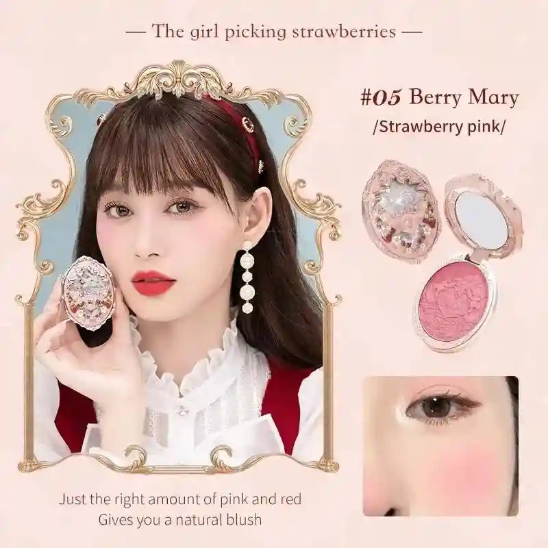 Tidesmit Flower Knows Strawberry Rococo embossed blush powder in smooth long-lasting face makeup texture close-up