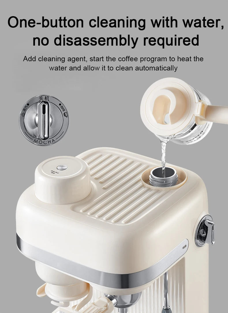 Cream-colored coffee maker with self-cleaning feature, featuring a control dial and water pour-in for easy maintenance.