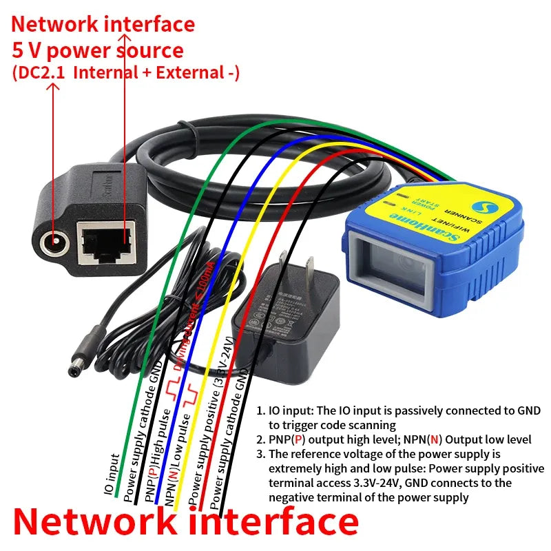 Blue barcode scanner with network interface power supply and connected cables