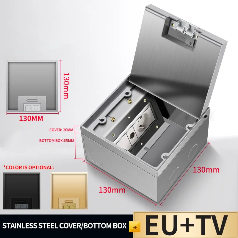 Recessed stainless steel floor socket box with open cover, showing TV connection and ports