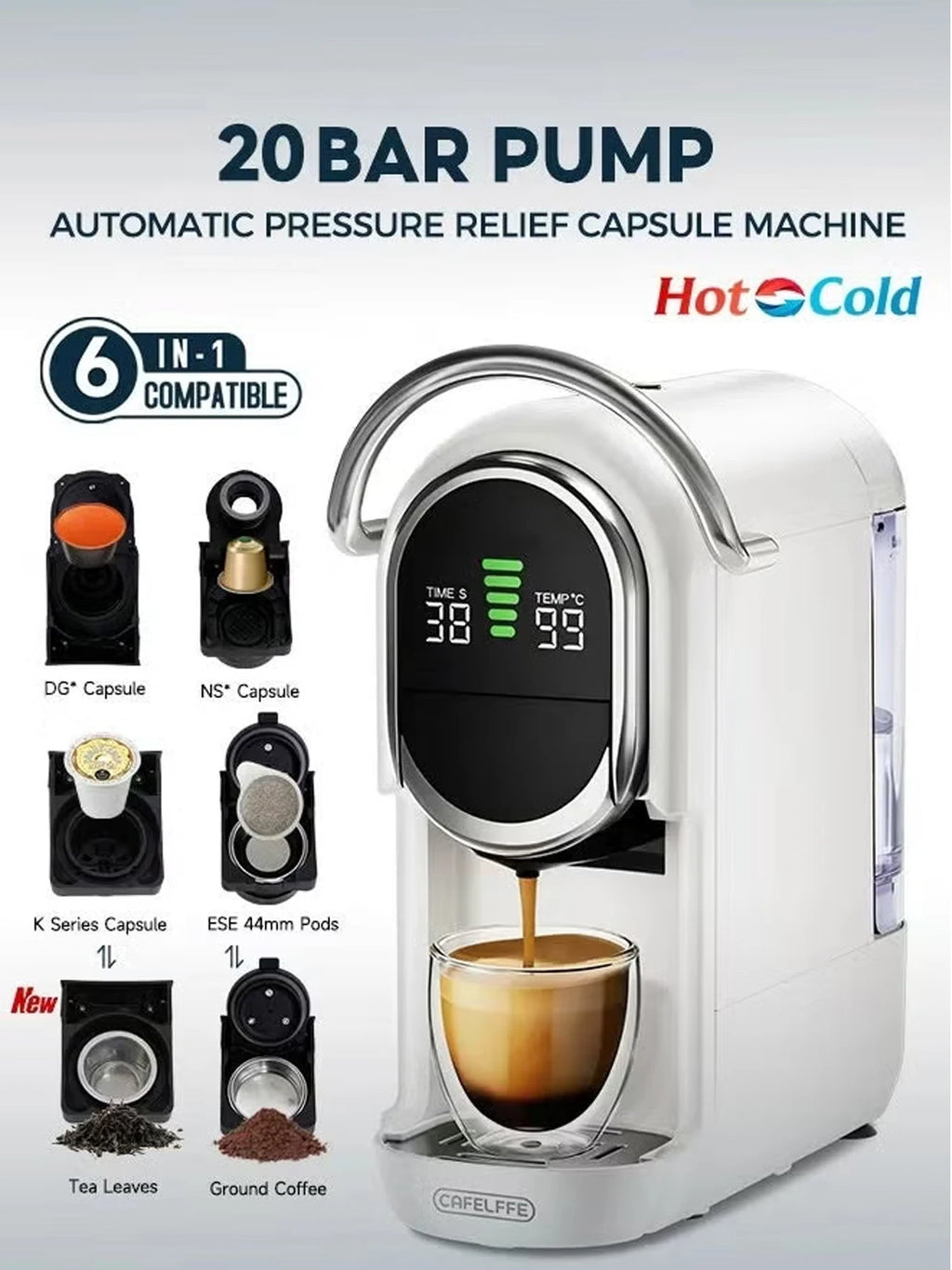 Cafelffe 6-in-1 white capsule coffee and tea maker with 20 bar pump, digital display, and 1L water tank.