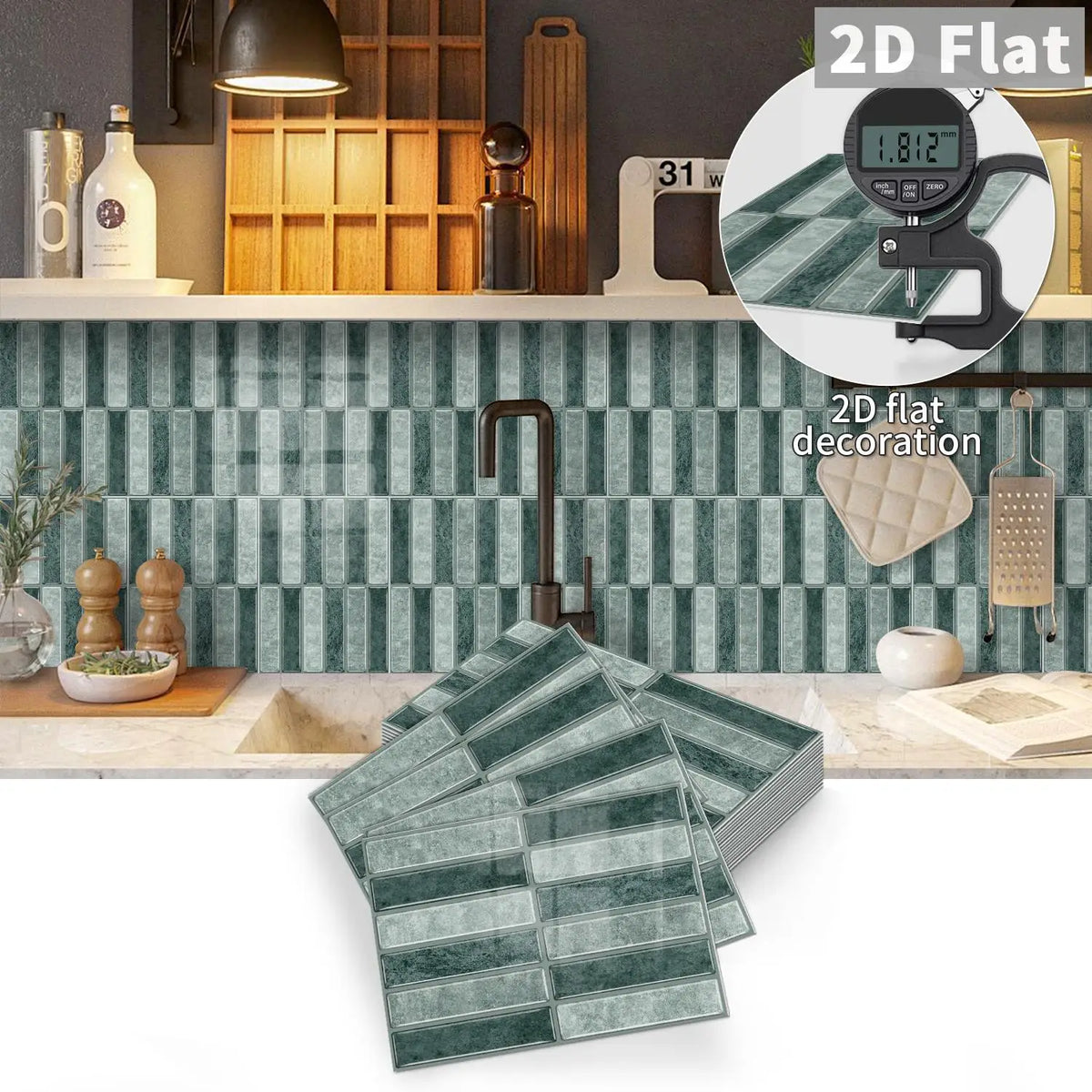 Self-adhesive peel-and-stick tile decals in dark teal rectangular grid pattern