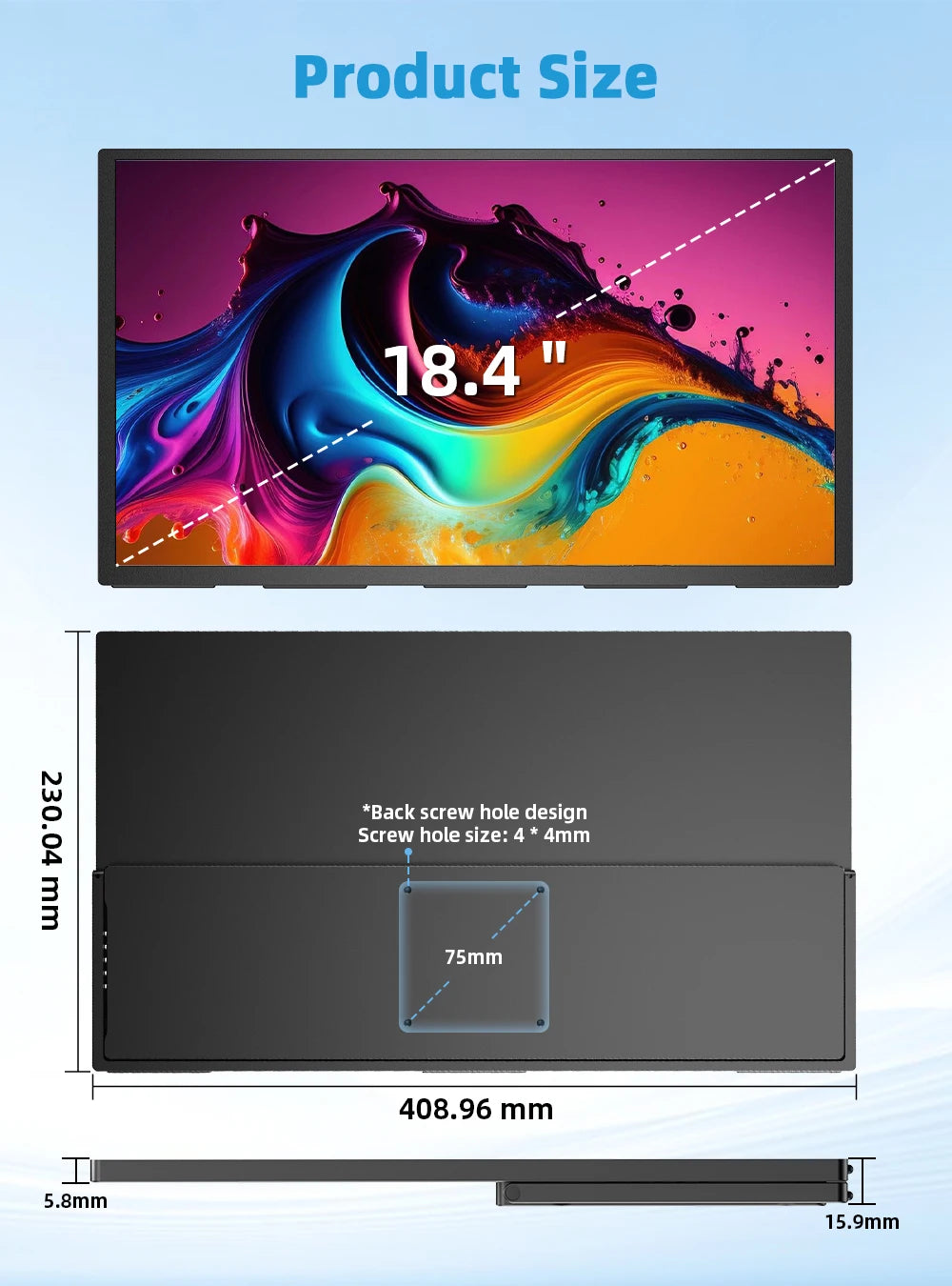 UPERFECT 18.4'' 4K Portable Monitor QLED 100% DCI-P3 UHD FreeSync HDR 2 Speakers Eye Care Travel Gaming Display For PC Phone