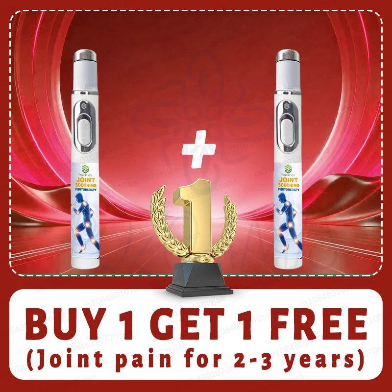 Two white cylindrical joint soothing phototherapy pens for pain relief, presented in a buy-one-get-one-free promotion.