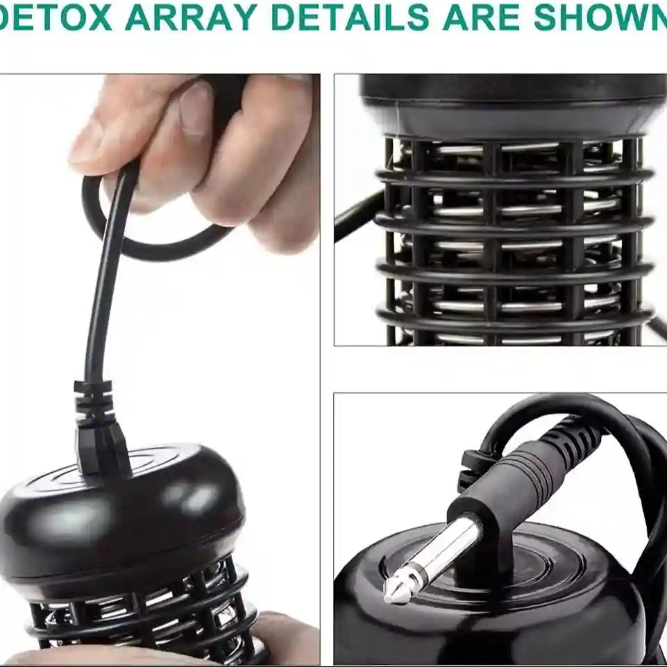 Black ionic foot detox spa array with metal coils, cord, and jack connector for electric foot bath therapy machine.