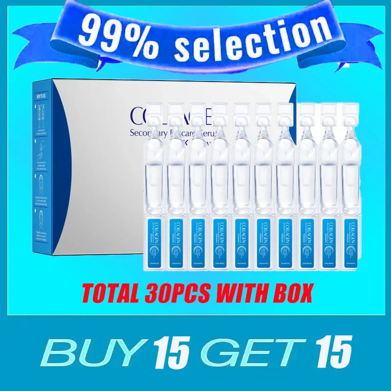 Box of 30 individual clear plastic serum ampoules labeled "Collagen" with a white and blue packaging design.