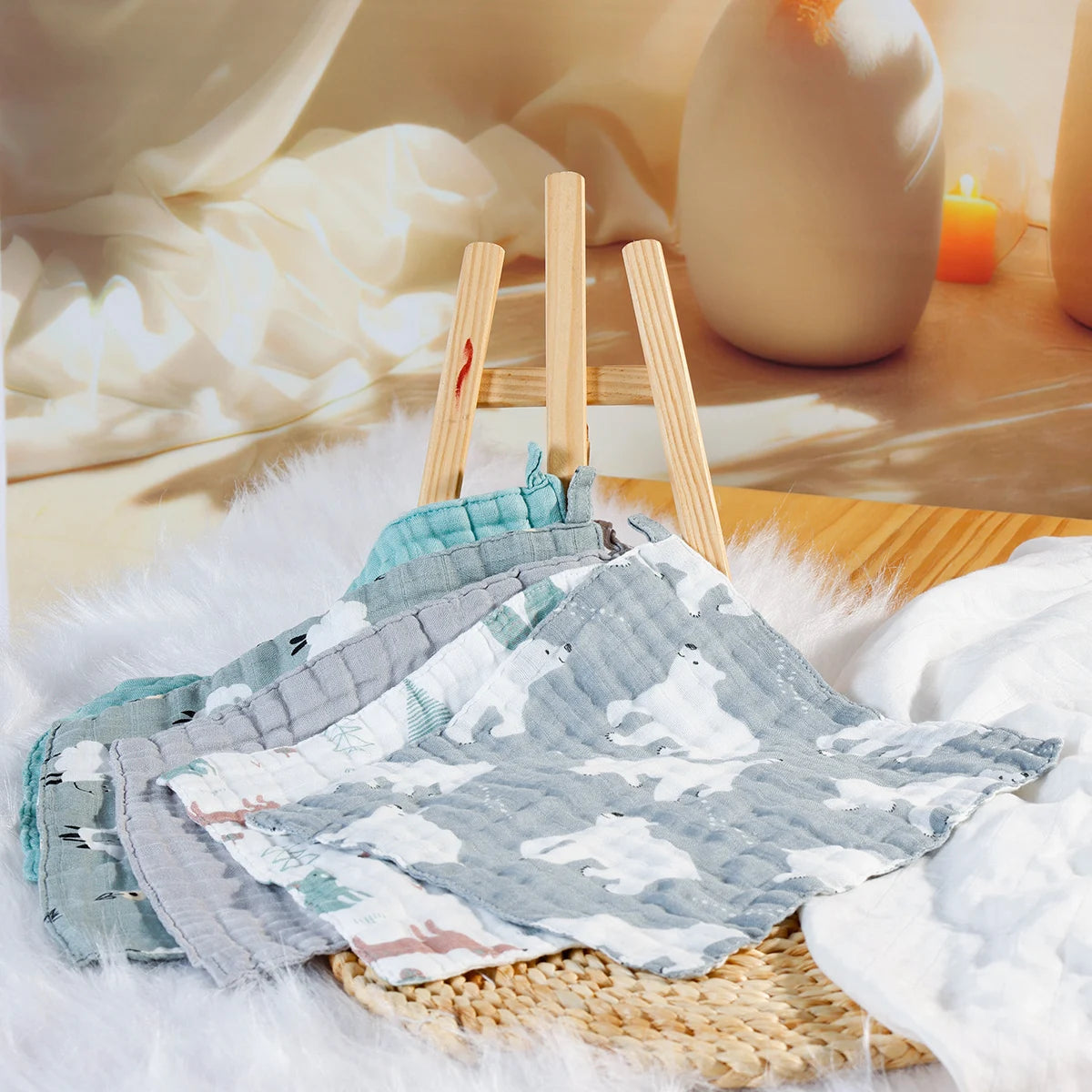 HappyFlute New 30*30CM Cute Animals Print 5PCS Set Bamboo Cotton Hanging Design Baby For Home Or Travel Use Baby Square Towel