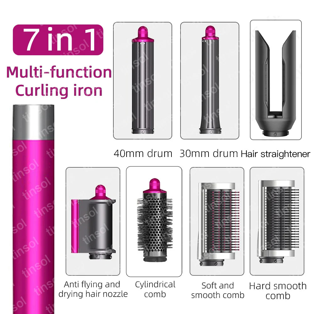 7-in-1 high-speed ionic hair dryer set in pink and grey with curling barrels, brushes, and smoothing attachments.