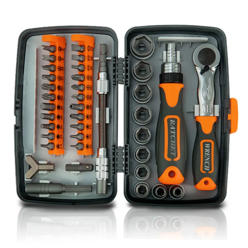 Open tool kit case with orange-and-black ratchet screwdriver, sockets, and bit holders