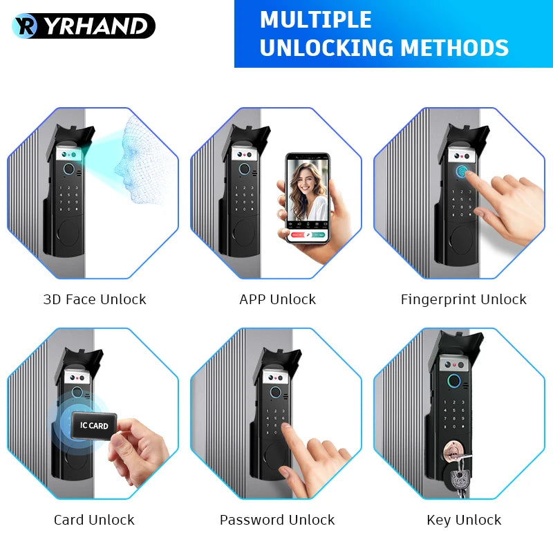 Tuya WiFi APP 3D Face Recognition Fingerprint Smart Lock Waterproof Gate Iron Door RFID Digital Face Recognition Lock For home
