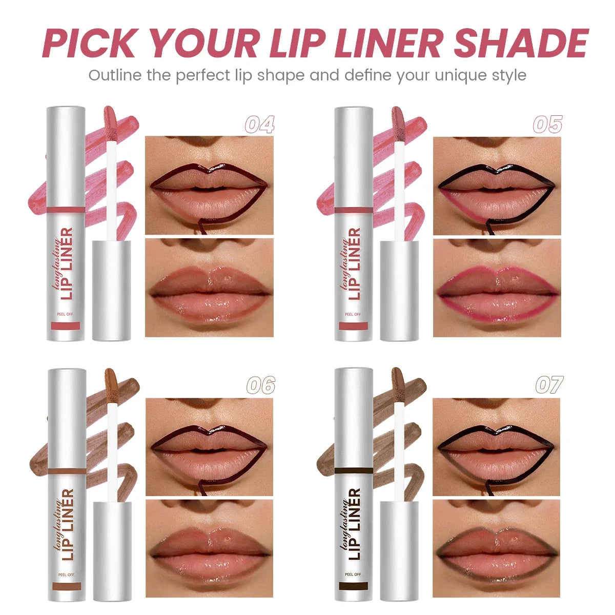 Waterproof tear-off lip liner gloss in four shades for precise, long-lasting matte lip definition and tint.