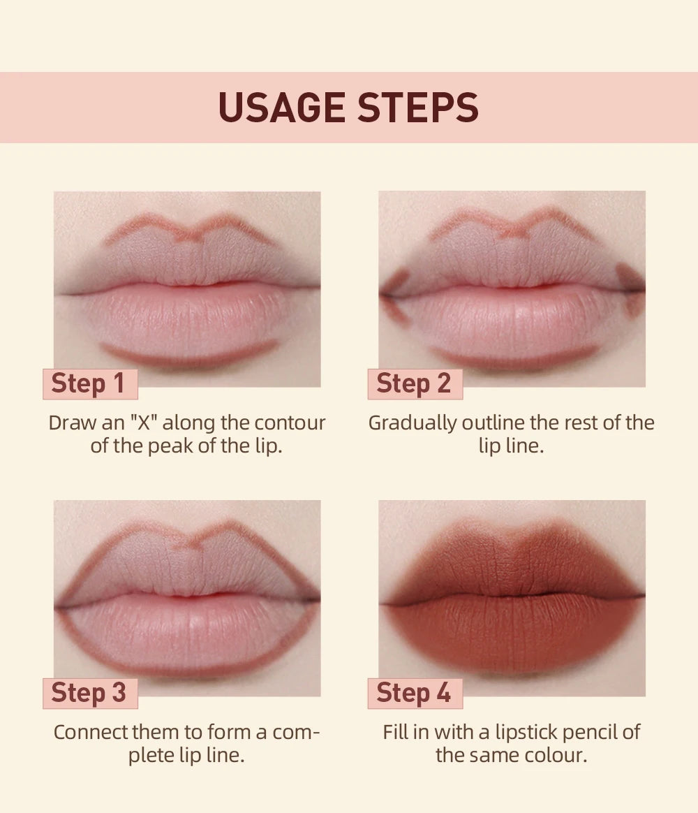 QIBEST 4-step tutorial for applying matte velvet lip liner and lipstick for a contoured, red lip makeup look.