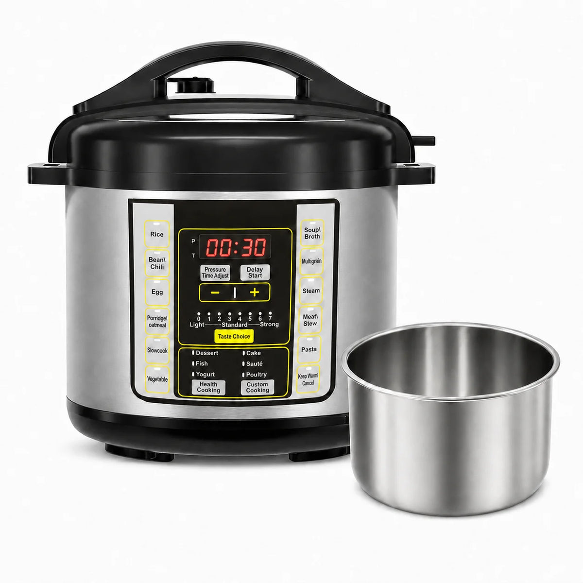 Electric pressure cooker with digital display and stainless steel inner pot, front view