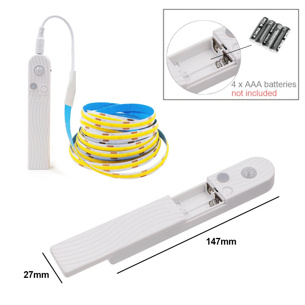 5V Motion Sensor LED COB Light Strip Human Induction USB/Battery Powered Flexible Lamp Under Cabinet Stairs Wardrobe Nightlights