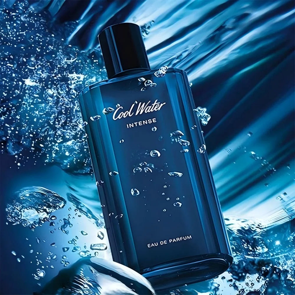 Davidoff Cool Water Intense 4.2oz Eau de Parfum for men. Blue glass bottle in splashy water design, aquatic fragrance.