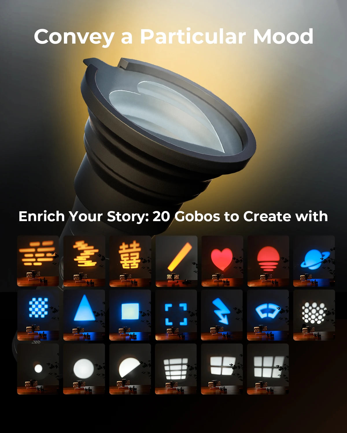 Black cylindrical light projector with a heart-shaped lens, accompanied by 20 pattern gobos for creative lighting.