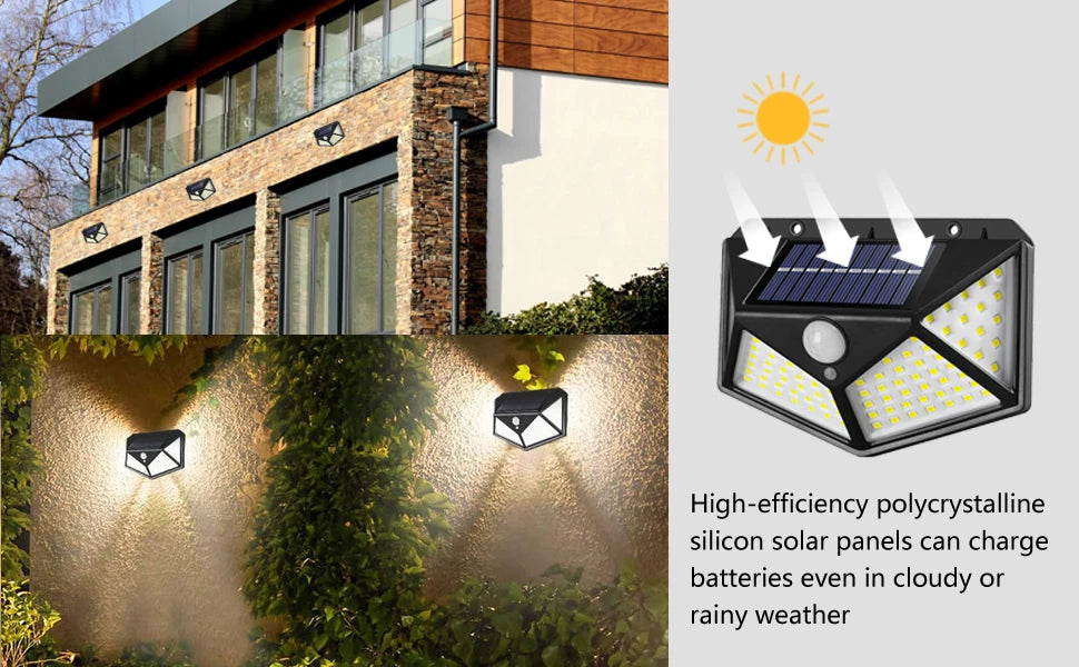 4Pack 100 LED Outdoor Solar Lights with Motion Sensor and 3 Lighting Modes, IP65 Waterproof Solar Wall Lights Ideal for Garden Patio Yard