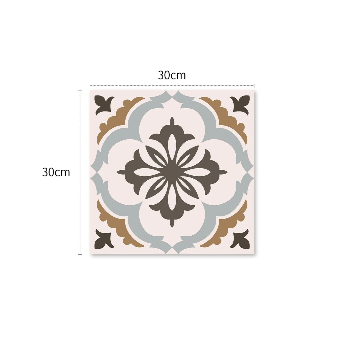 Peel-and-stick vinyl tile, light blue and brown floral medallion pattern, 30x30cm