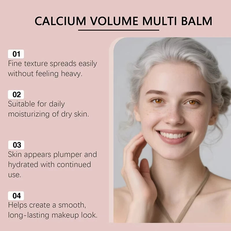 Calcium Volume Multi Balm product graphic showing a smiling woman with fair skin and four moisturizing benefit points.