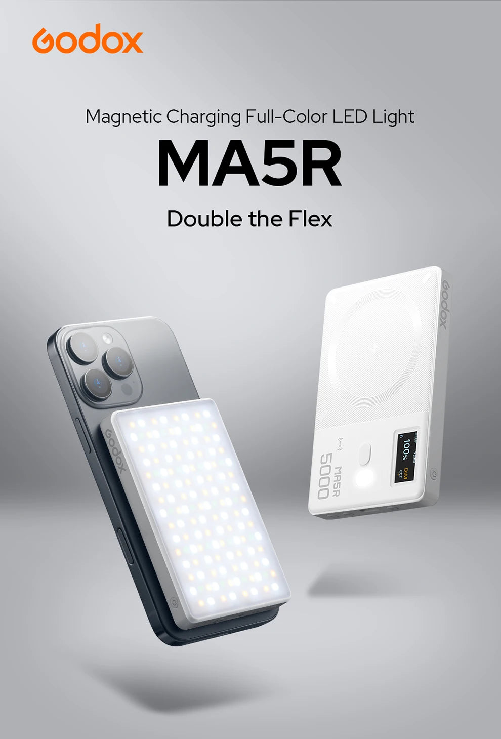 MA5R rectangular magnetic full-color LED light for smartphones with digital display, shown attached to a phone.