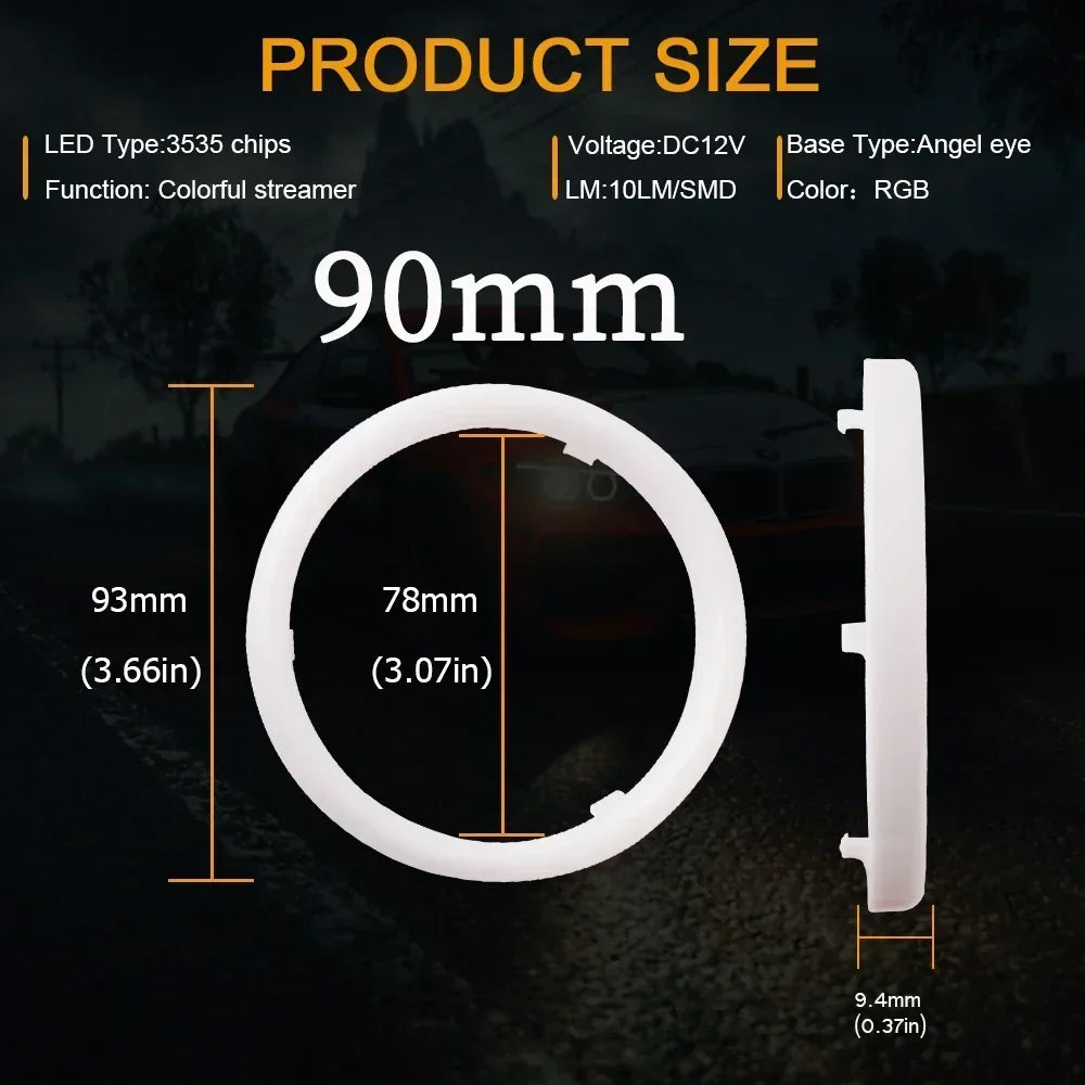 90mm RGB LED angel eye ring for car headlights, showing dimensions and side profile for custom vehicle lighting.