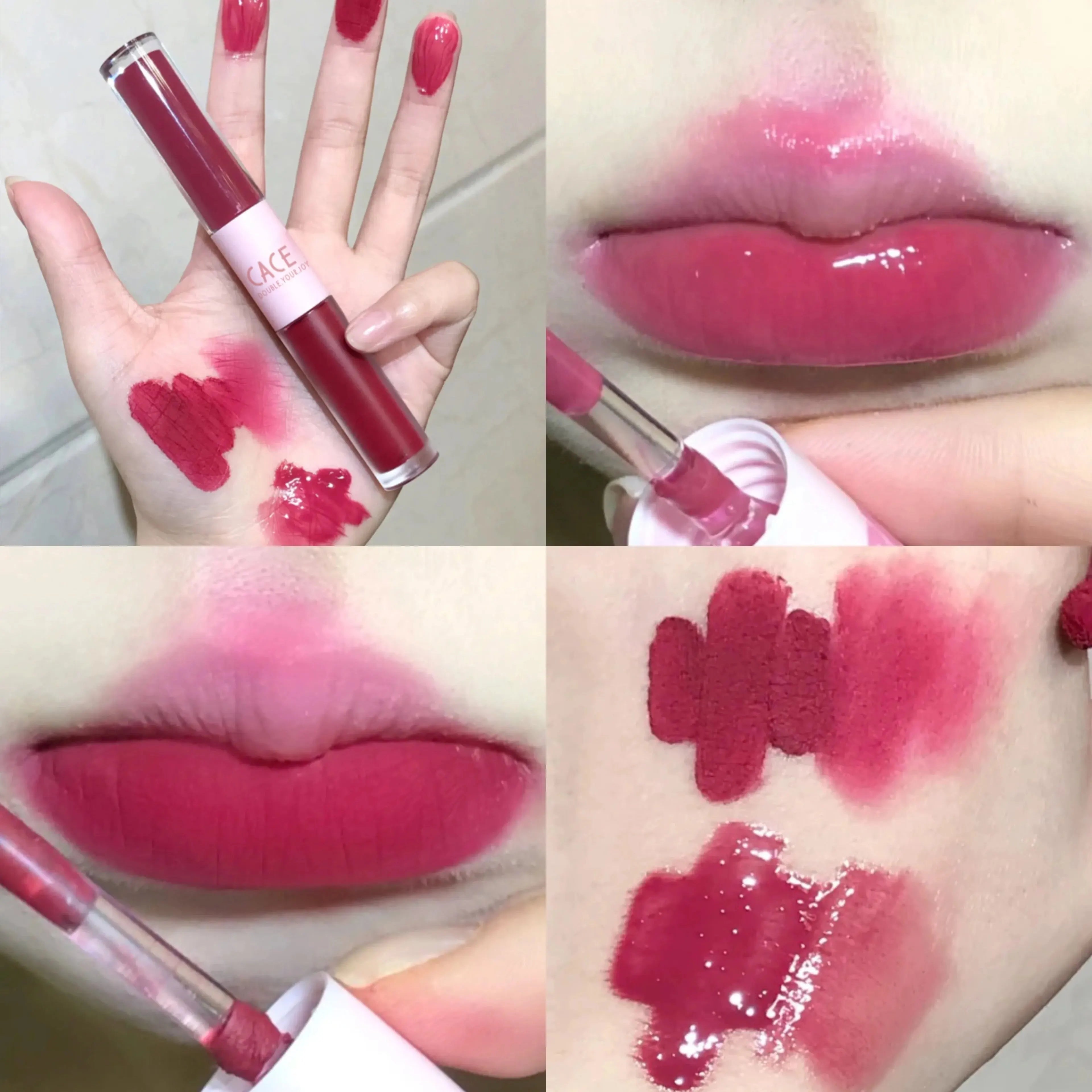CACE double-ended red lip makeup with matte lip mud and glossy mirror finish for versatile long-lasting lip looks.