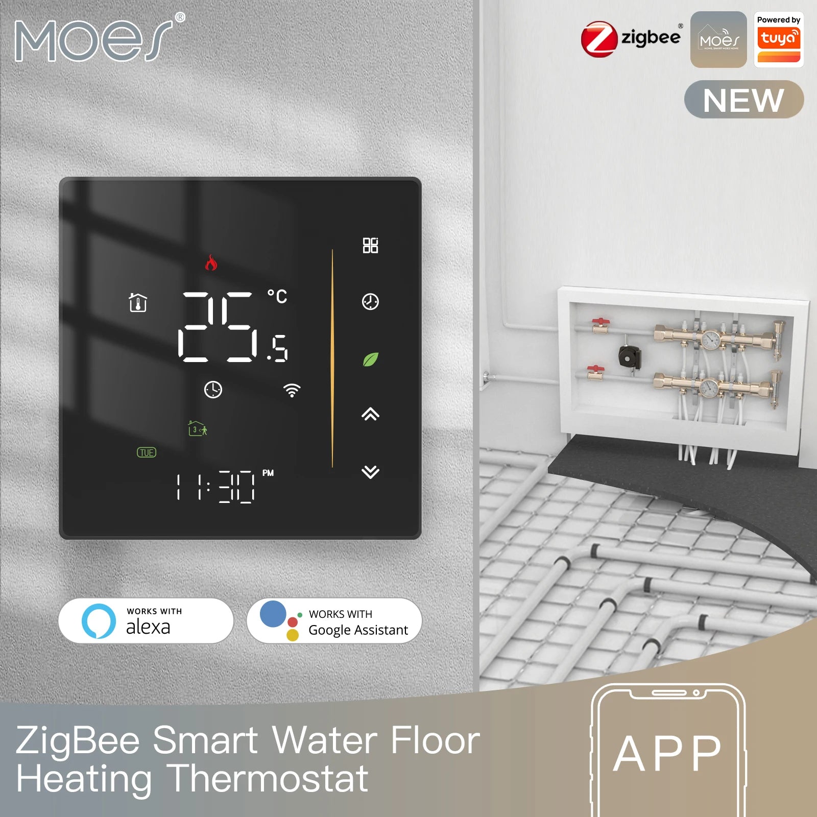 Zigbee Smart Thermostat for Floor Heating - App-Controlled Humidity water heating black Tidesmit