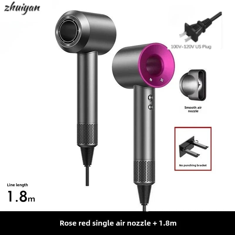 Professional leafless negative ion hair dryer in grey with rose red detail, wall bracket, and air nozzle attachment.