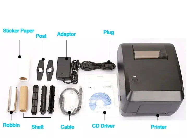 Black USB sticker label printer kit with accessories: adapter, cables, CD, and sticker rolls.