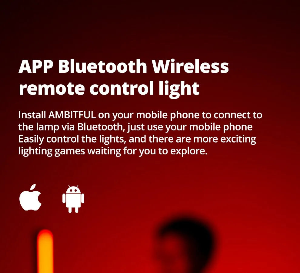 Bluetooth remote control light with mobile app connectivity for iOS and Android, displayed on a deep red background.