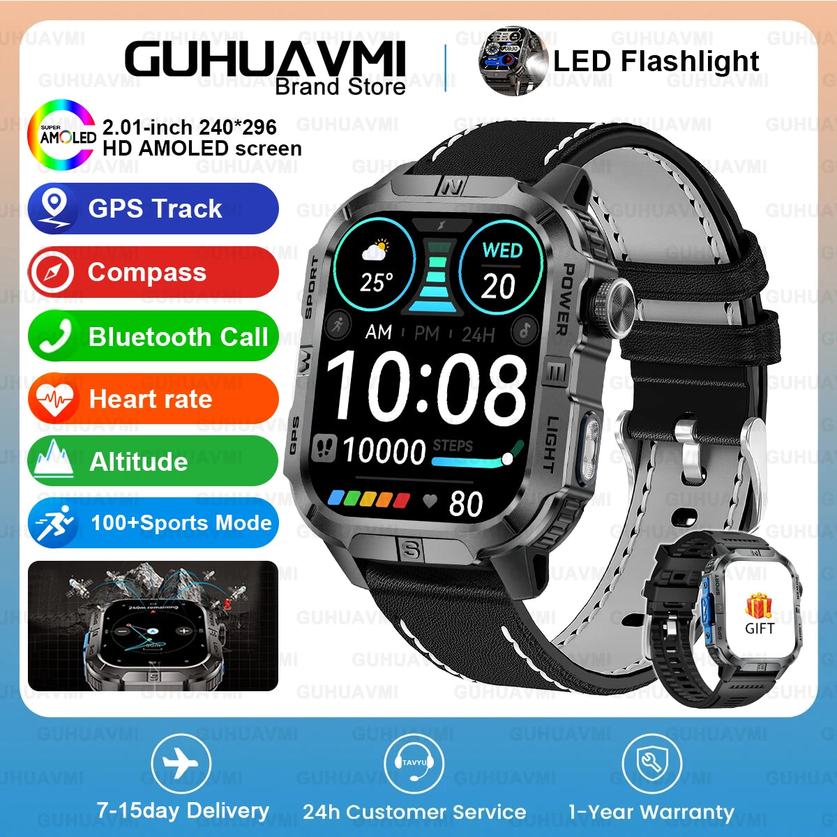 2026New Outdoor Military Men's Smartwatch, Equipped With GPS LED Lighting, Compass, Wireless Communication IP68 Waterproof Watch