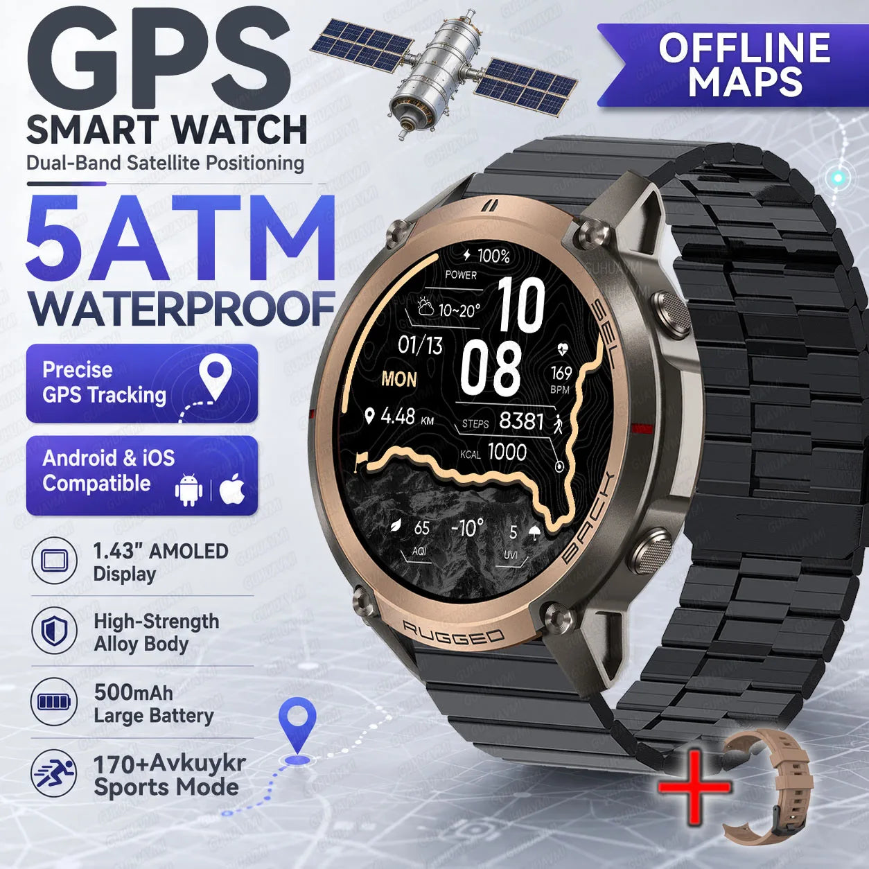 2026 Outdoor Tactical GPS 1.43"AMOLED Smart Watch Offine Map Compass Heart Rate Fitness Tracker 5ATM Waterproof Sports Watches