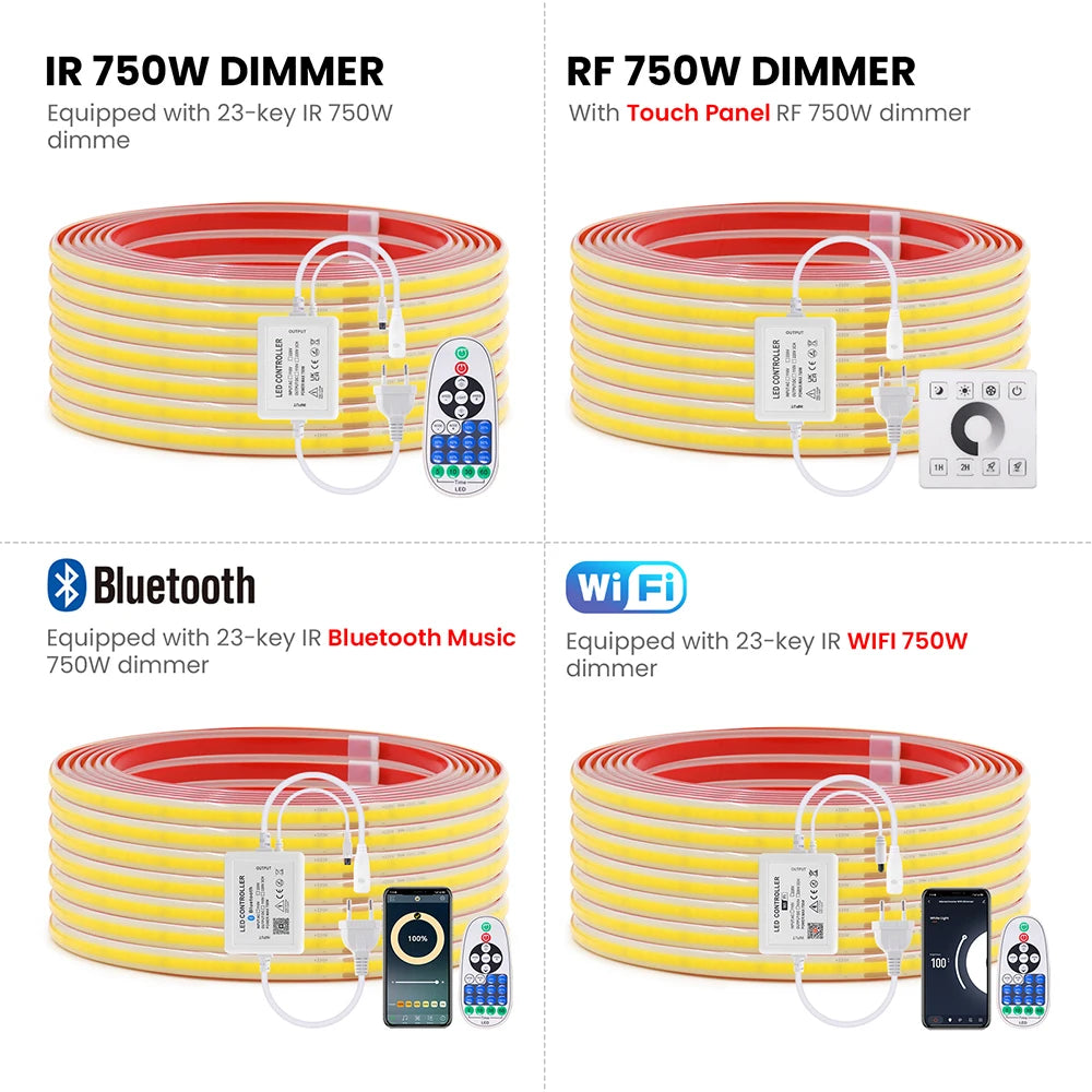 220V Dimmable COB LED Strip Light WIFI Bluetooth Wall Touch 23key Remote Control Power Kit 288LEDs/M Waterproof Flexible Lamp