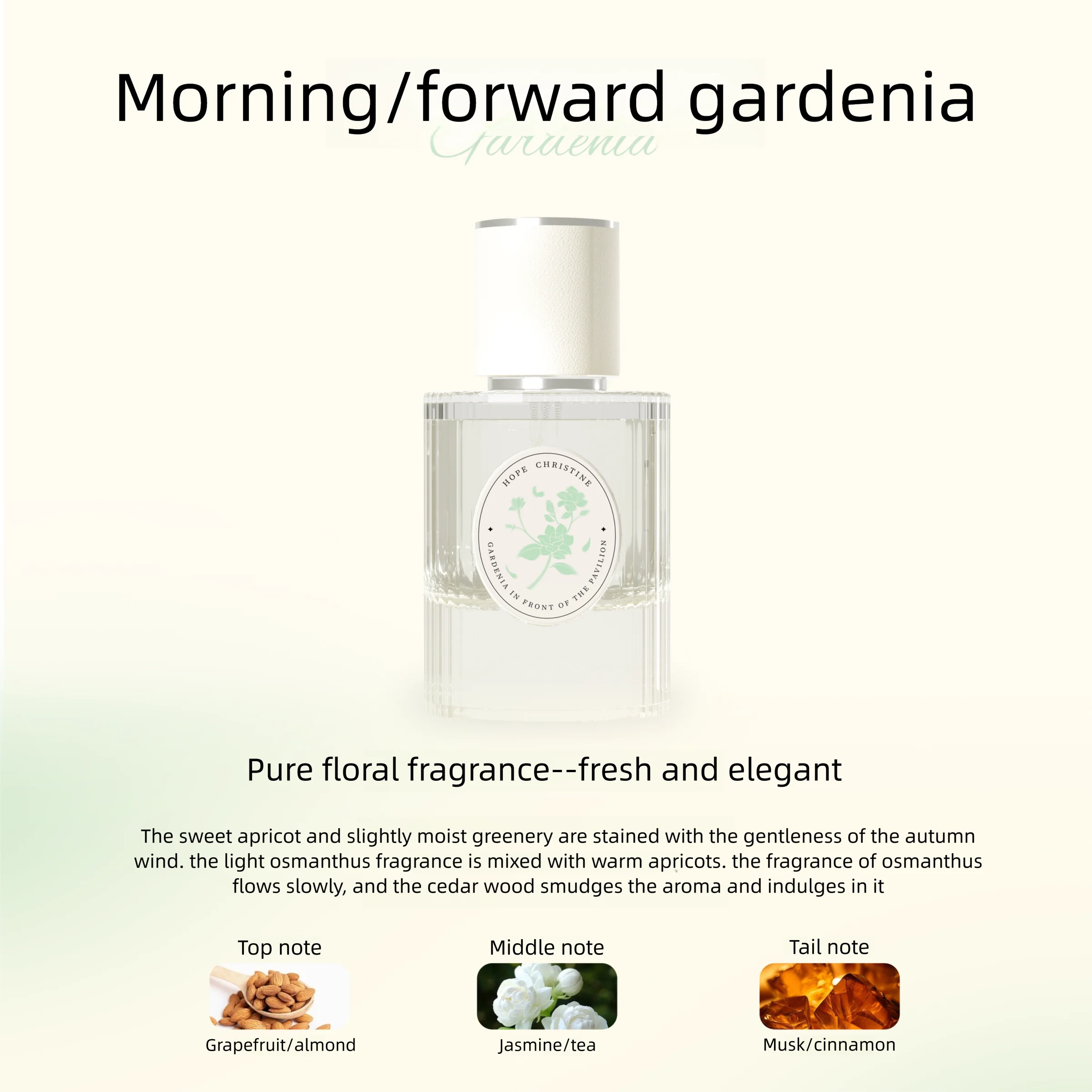 Hope Christine 50ml floral perfume for women. Gardenia, almond, jasmine, musk scent in a clear, ribbed glass bottle.