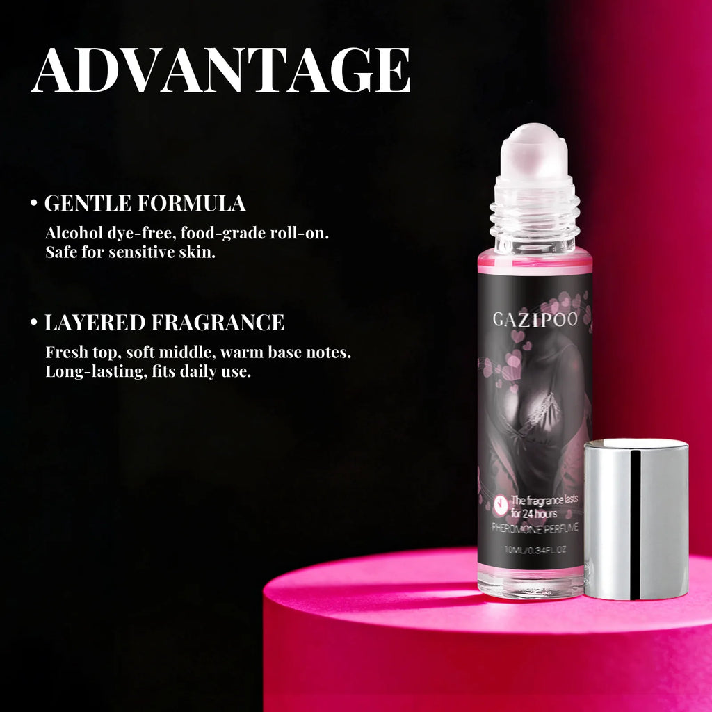 Gazipoo long-lasting pheromone perfume for women in a 10ml roll-on bottle with fresh, soft, and warm scent notes.