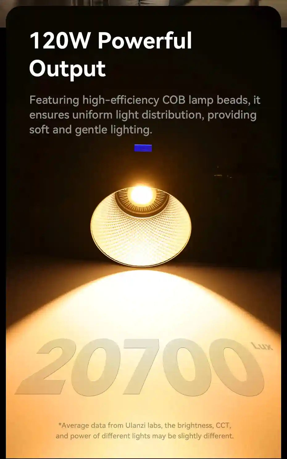 120W COB LED studio light with a textured silver reflector projecting a warm, bright beam of light.