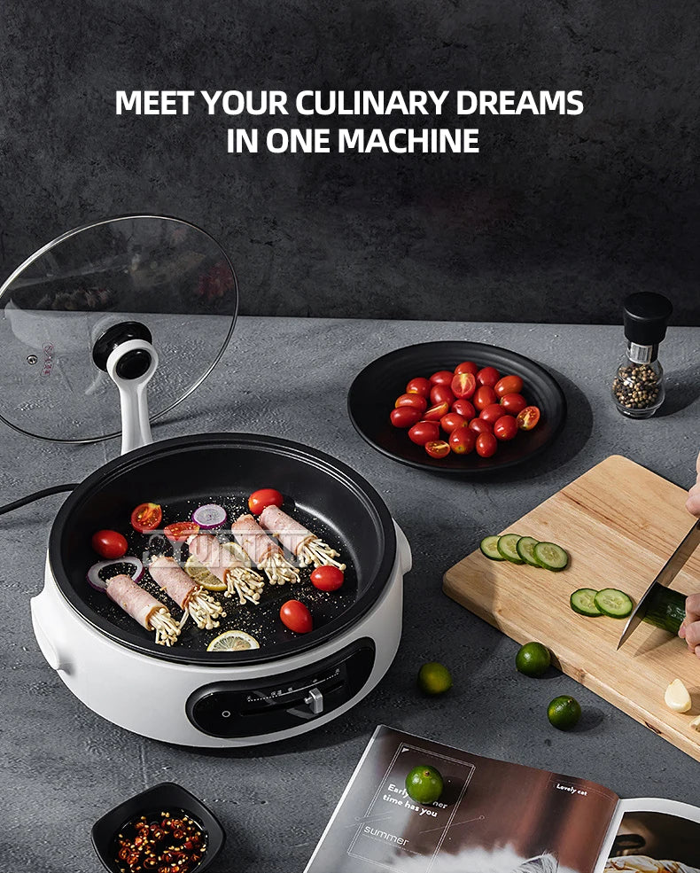 Portable electric multi-cooker with open lid showing food in dark nonstick pan