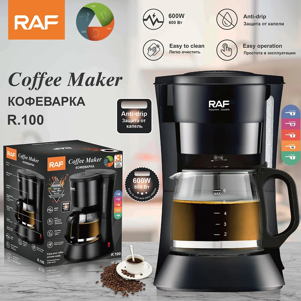 RAF R.100 black 600W drip coffee maker with glass carafe, 6-cup capacity, and anti-drip feature in product packaging.