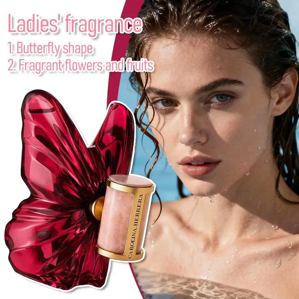 Carolina Herrera butterfly bottle EDP for women, long-lasting fruity floral unisex perfume spray, red glass design.