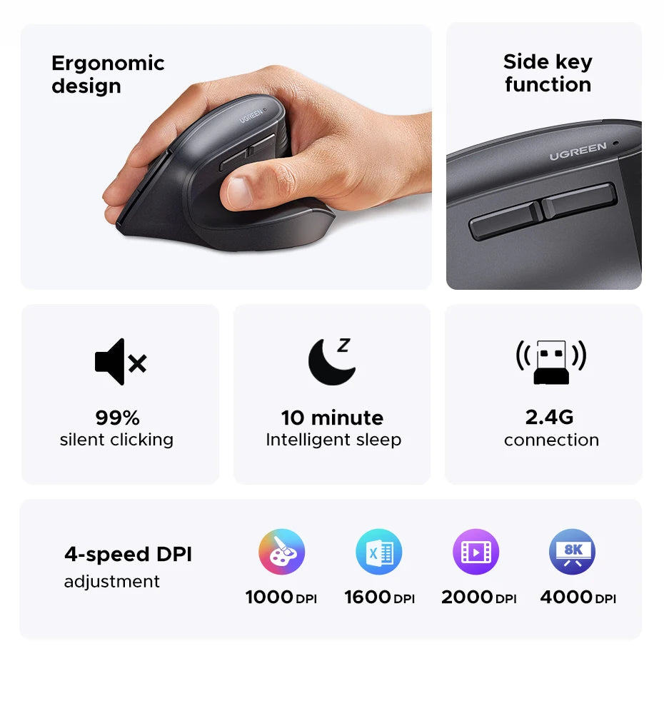 UGREEN Vertical Wireless Mouse 2.4G Ergonomic 4000DPI 6 Mute Buttons for MacBook Tablet Laptops Computer PC Mice Black Pink