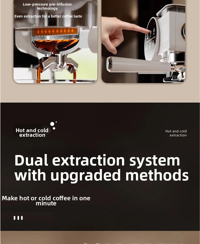 White modern espresso machine with digital touch display and dual hot/cold coffee extraction technology.