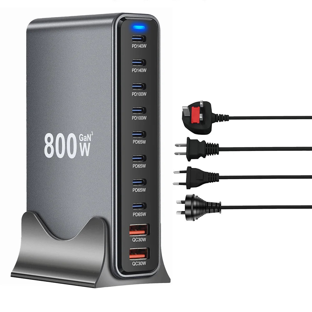 Tidesmit 800W GaN 10-Port USB-C Desktop Charger for Multi-Device Fast Charge Tidesmit