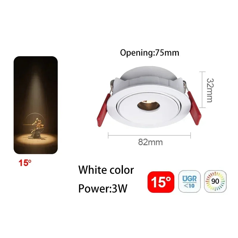 White recessed LED spot light, 3W, 15° beam angle, opening 75mm, 32mm depth