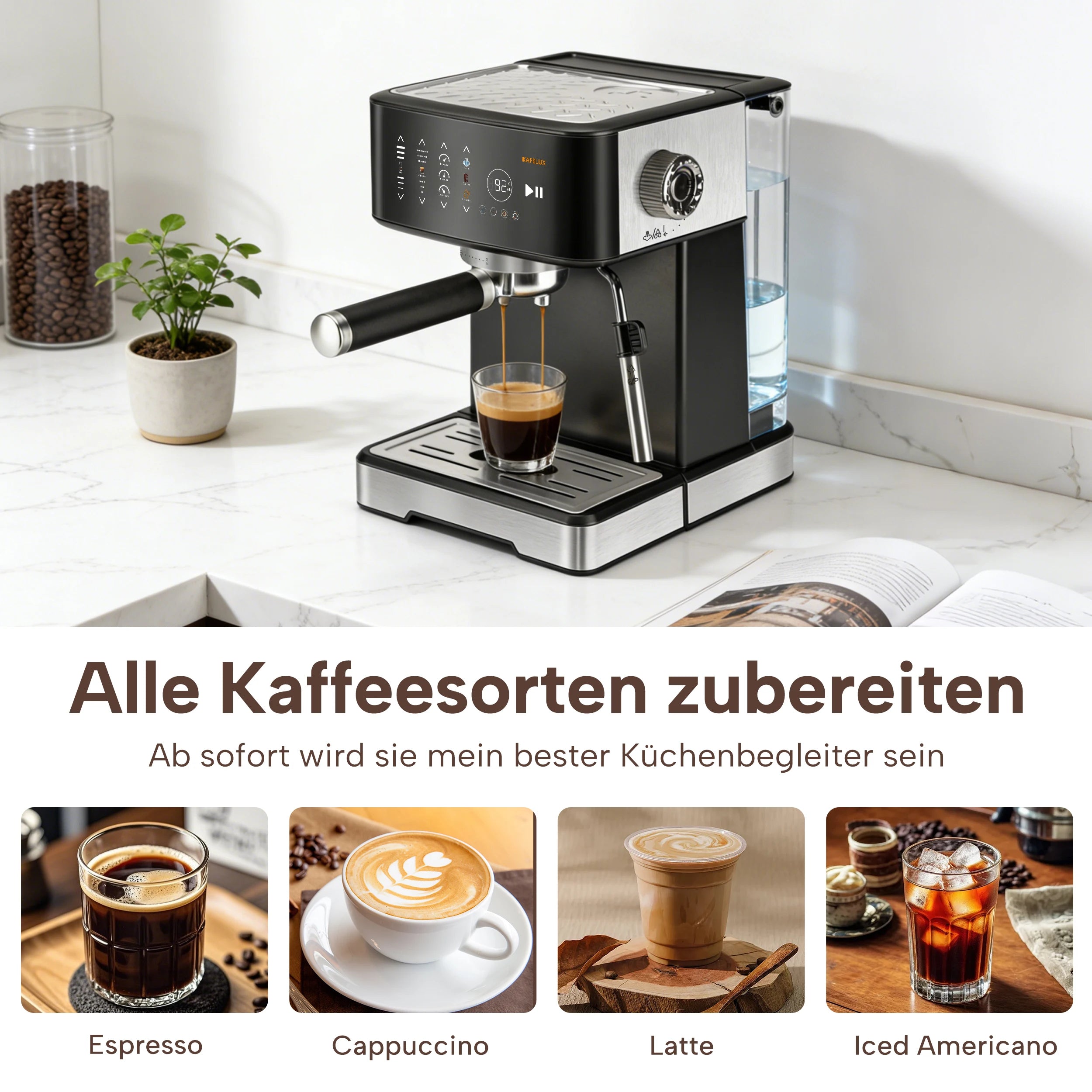 Kafelux black and stainless steel espresso machine with digital display and milk frother brewing coffee on a counter.