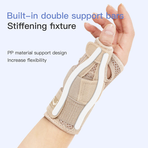 Beige orthopedic wrist support brace with PP bars for pain relief and joint stabilization.